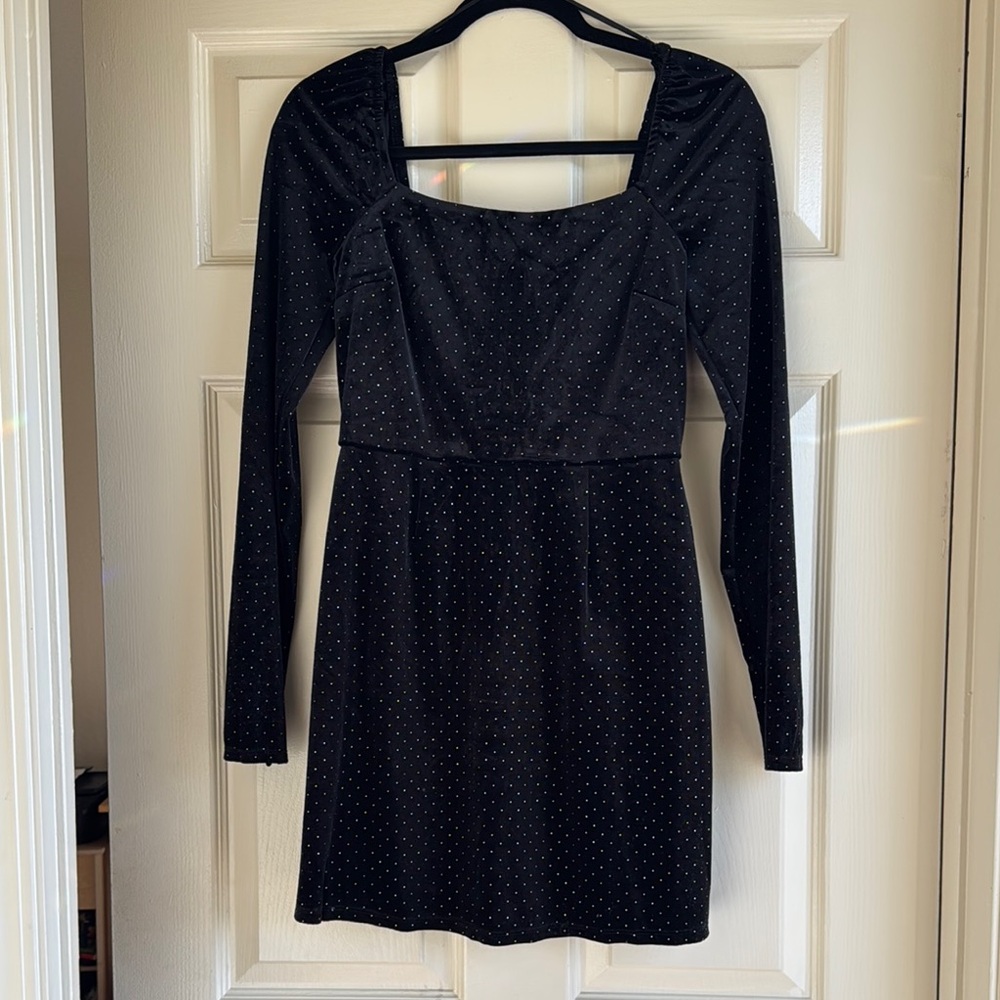 Francesca's Square Neck Silver Studded Flare Black Velvet Mini Dress